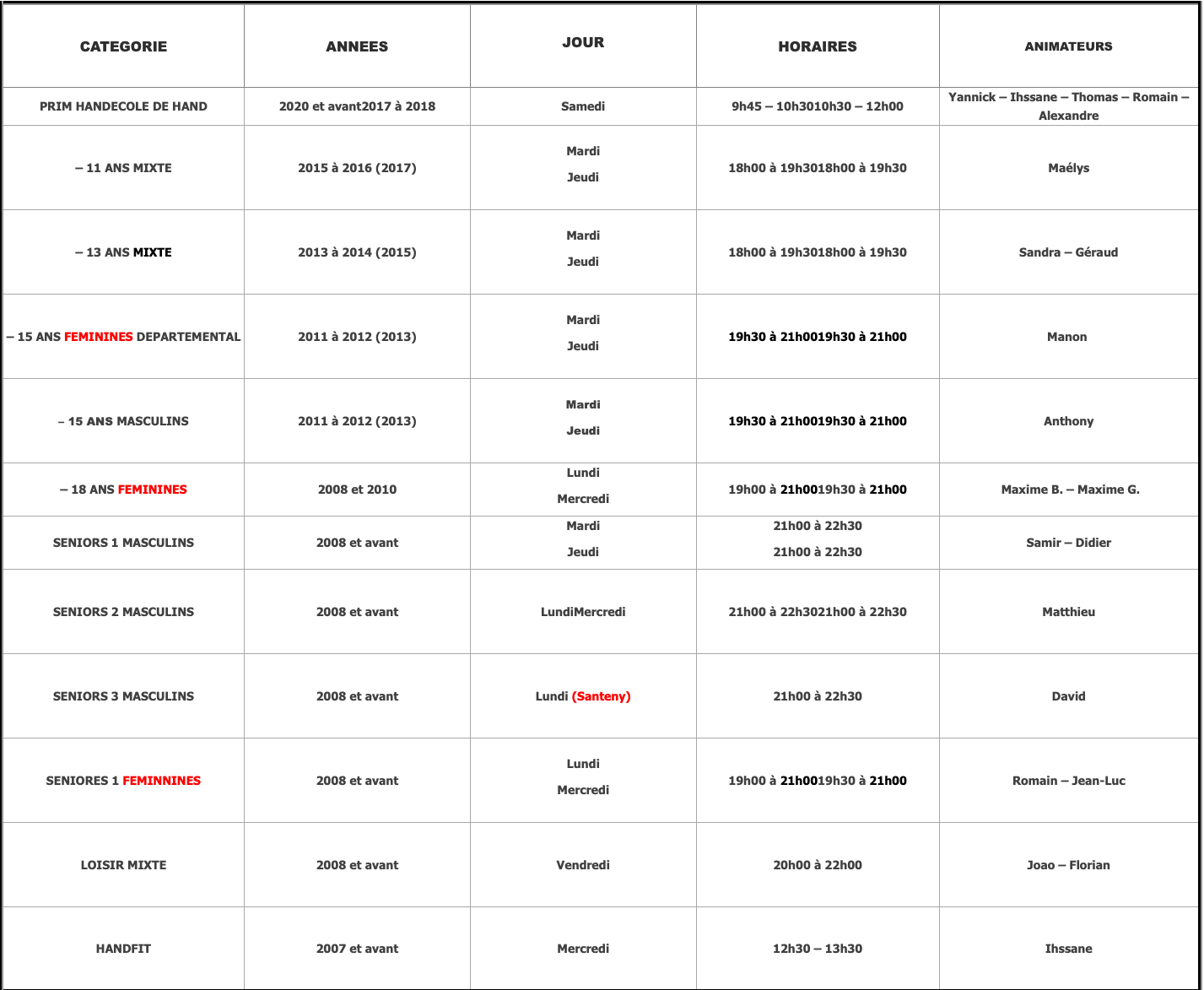 Horaires Entraînements